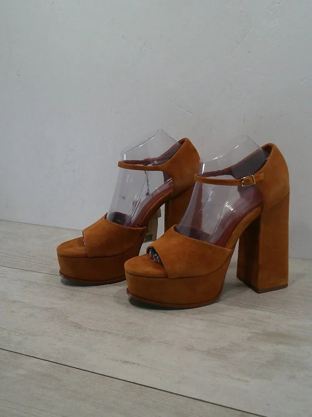 Zara 70's Style Platform Camel Tan Chunky Suede Tall Block Heel Sandal Size 40